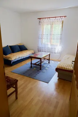 a living room with a couch and a coffee table at Šumska tajna - Radenkovac in Lipovac