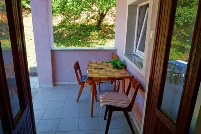 a table and chairs on the porch of a house at Šumska tajna - Radenkovac in Lipovac
