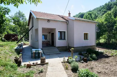 a small white house in the middle of a yard at Šumska tajna - Radenkovac in Lipovac