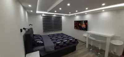 a bedroom with a bed and a white wall at Adrijana 2 Apartmani in Vrnjačka Banja