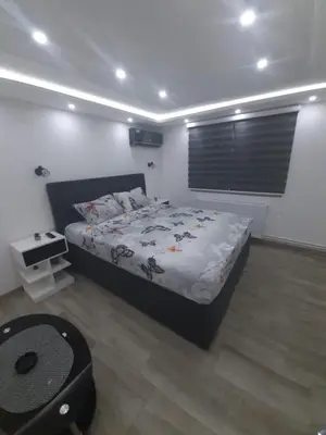 a bedroom with a bed and a table in it at Adrijana 2 Apartmani in Vrnjačka Banja
