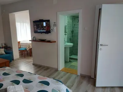 a bedroom with a shower and a bathroom with a bed at Apartmani MALINA in Vrnjačka Banja
