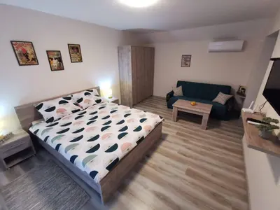 a bedroom with a bed and a couch at Apartmani MALINA in Vrnjačka Banja