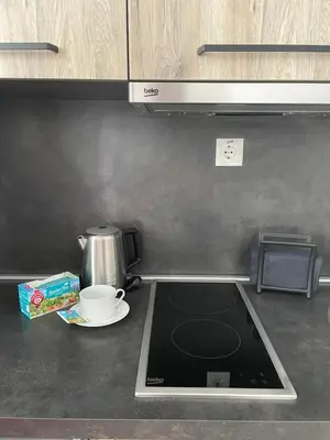 a kitchen counter with a stove top with a coffee cup at Falling Star Apartman Brzece in Brzeće