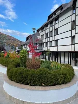 a building with a circular garden in front of it at Falling Star Apartman Brzece in Brzeće
