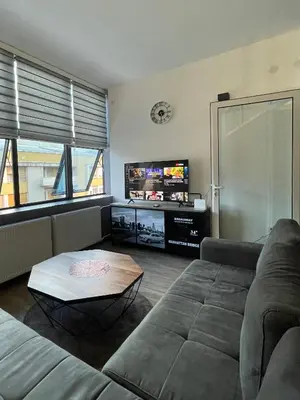 a living room with a couch and a flat screen tv at Enjoyment Apartment in Niš