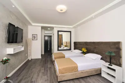 a hotel room with two beds and a television at Apartmani Joja in Kuršumlija