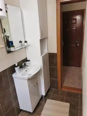 a bathroom with a sink and a mirror and a door at My bouquet in Vrnjačka Banja