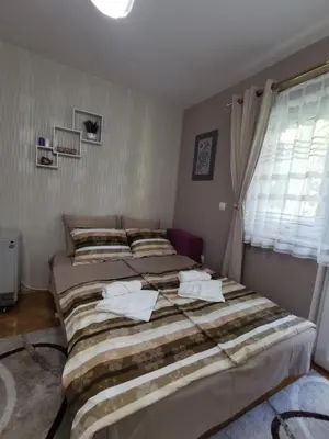 a bedroom with two beds and a window at My bouquet in Vrnjačka Banja