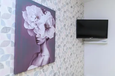 a painting of a woman with a flower on a wall at Sky Lux in Soko Banja