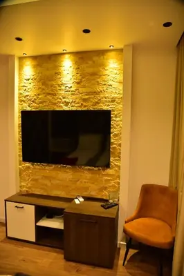 a living room with a television on a stone wall at Bella Superior Studio in Kruševac