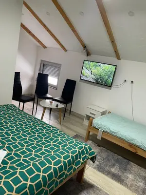 a bedroom with a bed and chairs and a tv at Yugoslavija 2 centar in Aleksandrovac