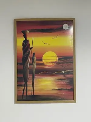 a painting of two people standing in front of a sunset at Yugoslavija 2 centar in Aleksandrovac