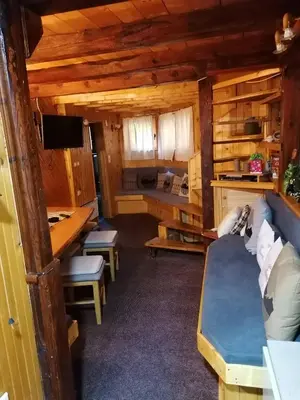 a room with a bed and a desk in a cabin at VILA 51 KOPAONIK CENTAR in Kopaonik