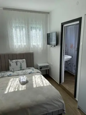 a bedroom with a bed and a sink and a mirror at Prenociste 
