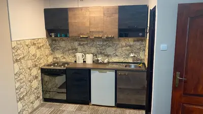 a small kitchen with a sink and a stove at Arni apartments in Donja Vrežina