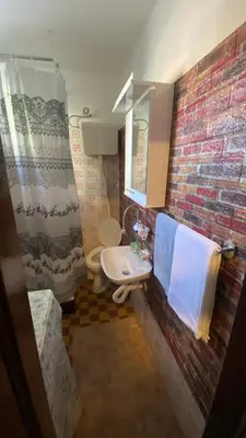 a bathroom with a sink and a brick wall at Arni apartments in Donja Vrežina