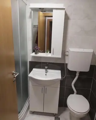a bathroom with a toilet and a sink and a mirror at Dora Lux & Free Indoor Parking in Vrnjačka Banja