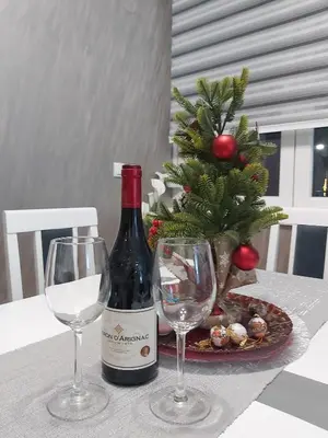 a bottle of wine and two glasses on a table at Dora Lux & Free Indoor Parking in Vrnjačka Banja