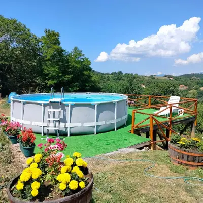 a pool in a yard with flowers and plants at Vujanac vikend kuća in Raška
