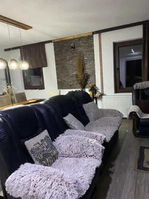 a black leather couch with pillows on it in a living room at Vila KTM Lisine in Despotovac