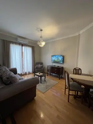 a living room with a couch and a table and a tv at Apartman AS in Vrnjačka Banja