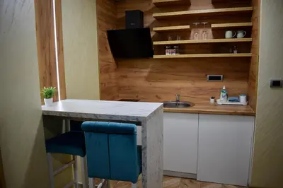 a small kitchen with a counter and a sink at Pink House Apartments in Jagodina