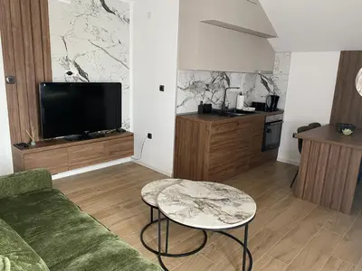 a living room with a green couch and a table at Apartmani Lazarevic Jagodina in Jagodina