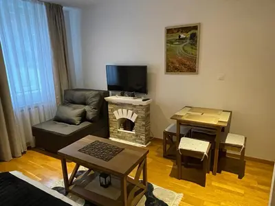 a living room with a couch and a fireplace at Mountain Story in Brzeće