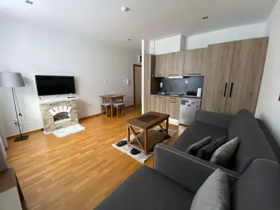 a living room with a couch and a fireplace at Mountain Story in Brzeće