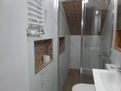 a bathroom with a shower and a toilet and a sink at Apartment Sweet dreams 4 in Niš