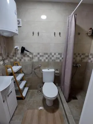 a bathroom with a toilet and a shower and a sink at Promenada View Snežnik in Vrnjačka Banja