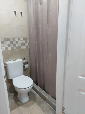 a bathroom with a toilet and a shower at Promenada View Snežnik in Vrnjačka Banja