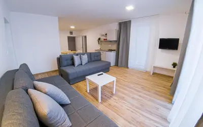 a living room with a couch and a table at Milutinn-Visterija in Soko Banja