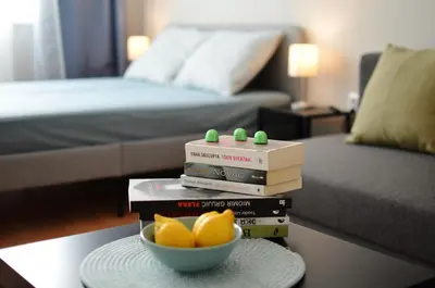 a pile of books on a table with a bowl of fruit at TIKE, TAK - Central Residence in Niš