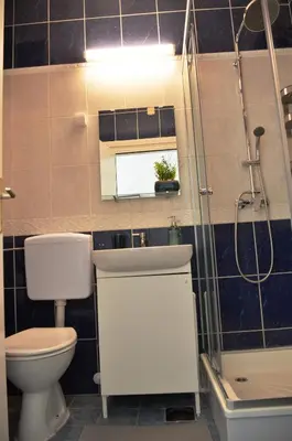 a bathroom with a toilet and a sink and a shower at TIKE, TAK - Central Residence in Niš