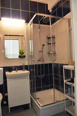 a bathroom with a shower and a sink at TIKE, TAK - Central Residence in Niš
