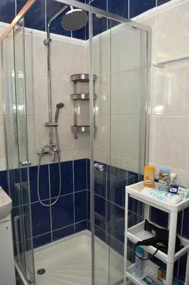 a shower with a glass door in a bathroom at TIKE, TAK - Central Residence in Niš