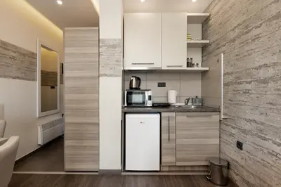 a kitchen with white cabinets and a white refrigerator at Milmari K13 in Kopaonik