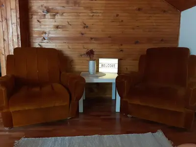 two brown chairs and a table in a room at Apartman Ljiljan in Niš