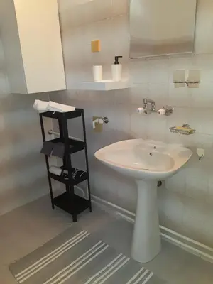 a bathroom with a white sink and a shelf at Apartman Ljiljan in Niš