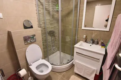 a bathroom with a shower and a toilet and a sink at Apartman Point in Vrnjačka Banja