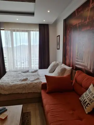 a bedroom with a large bed and a couch at Apartman Sky Milmari L20 in Kopaonik