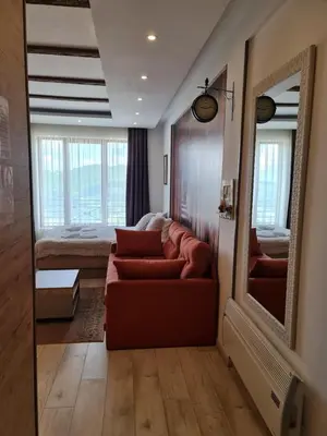 a living room with a couch and a mirror at Apartman Sky Milmari L20 in Kopaonik
