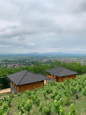 two wooden buildings sitting on top of a hill at Boja zalaska - drveni apartman in Jagodina