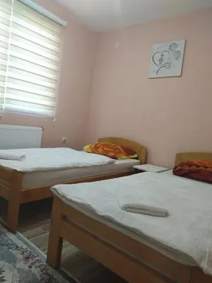 a room with two beds and a window with at Apartman i sobe Milica Vrnjacka Banja in Vrnjci