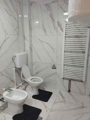 a white bathroom with a toilet and a sink at Apartman i sobe Milica Vrnjacka Banja in Vrnjci