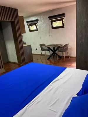 a bedroom with a blue and white bed and a table at 32 in Jagodina