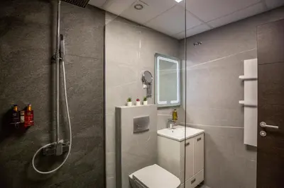 a bathroom with a shower and a toilet and a sink at VS Exclusive Luxury Wellness & Spa Apartmani - Vrnjačka Banja in Vrnjačka Banja