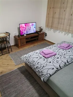 a bedroom with a bed with purple pillows and a tv at Nikolic apartment in Niš